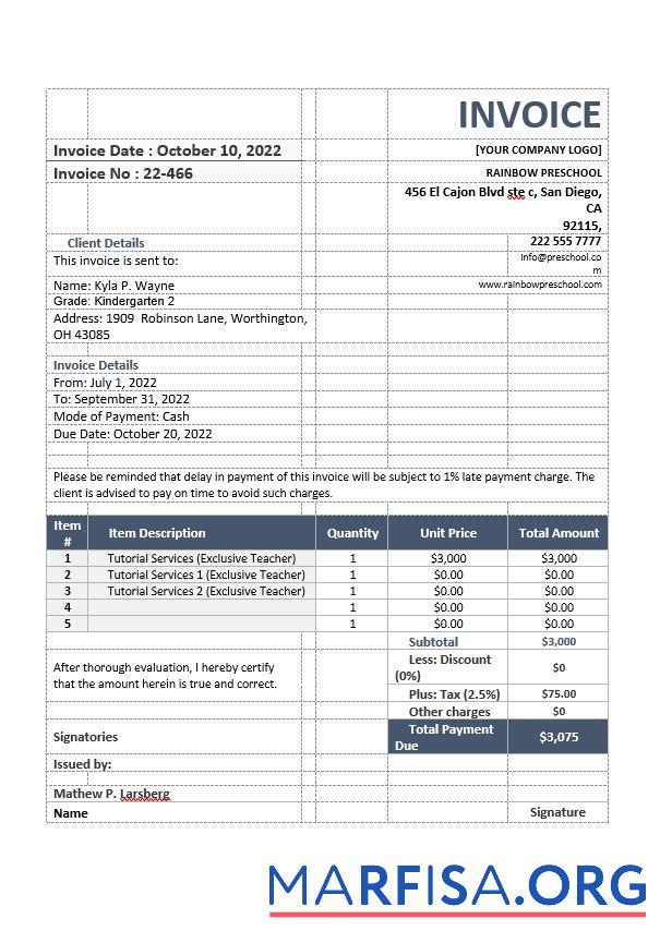 Downloadable School Teacher Invoice Template